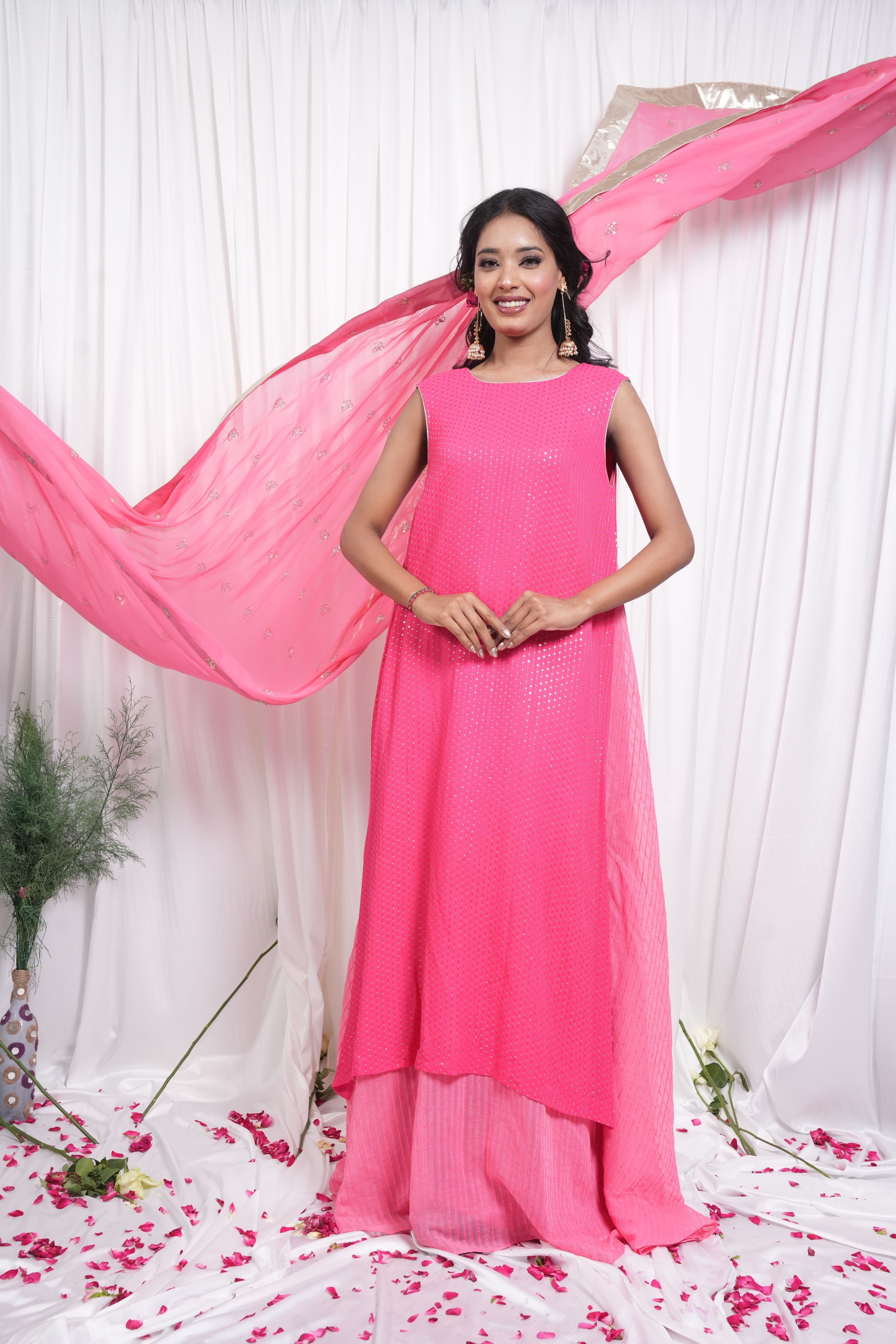 Bright Pink Embroidered Straight Suit Set