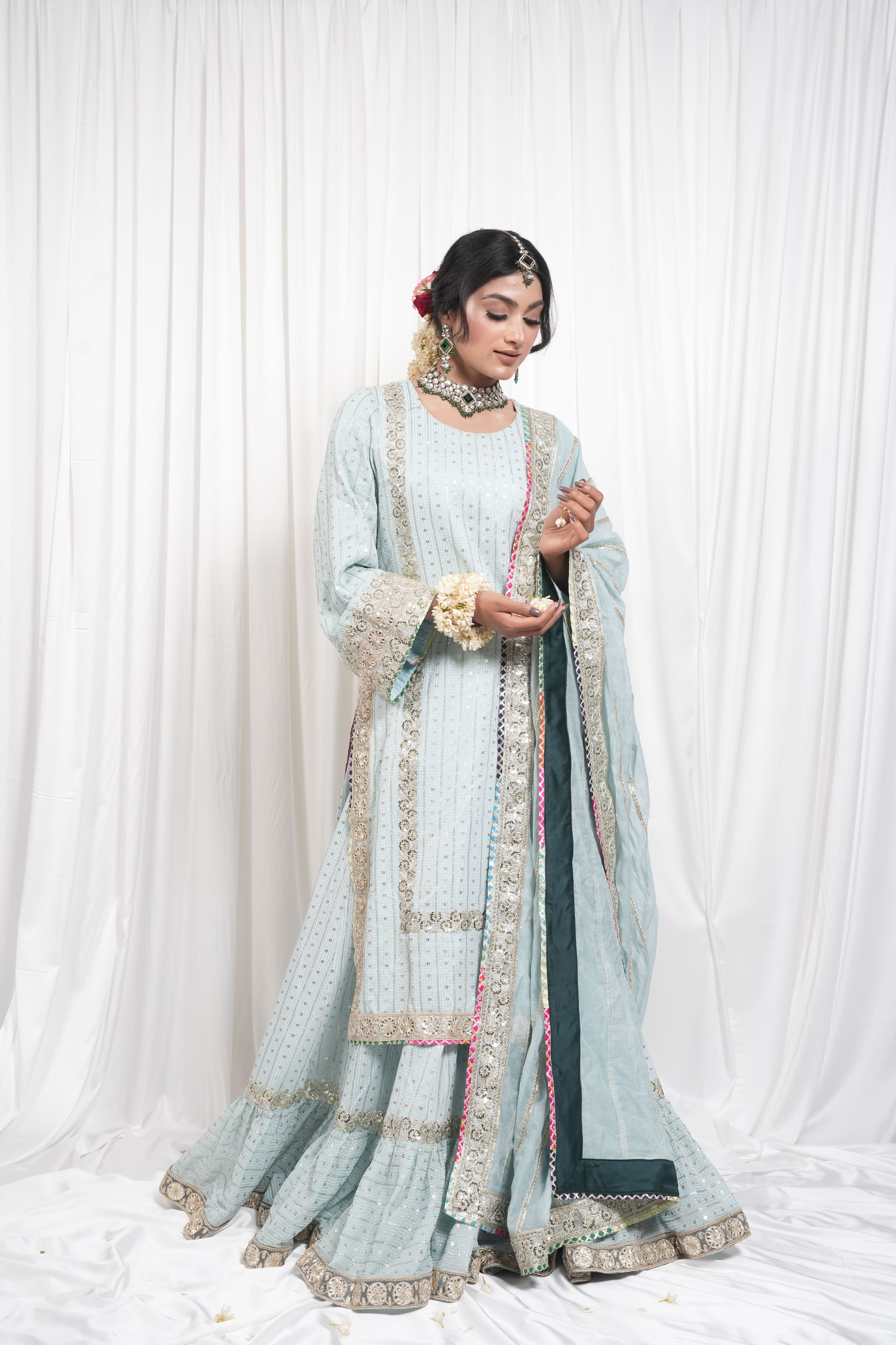 Ice Blue Embroidered Sharara Suit Set