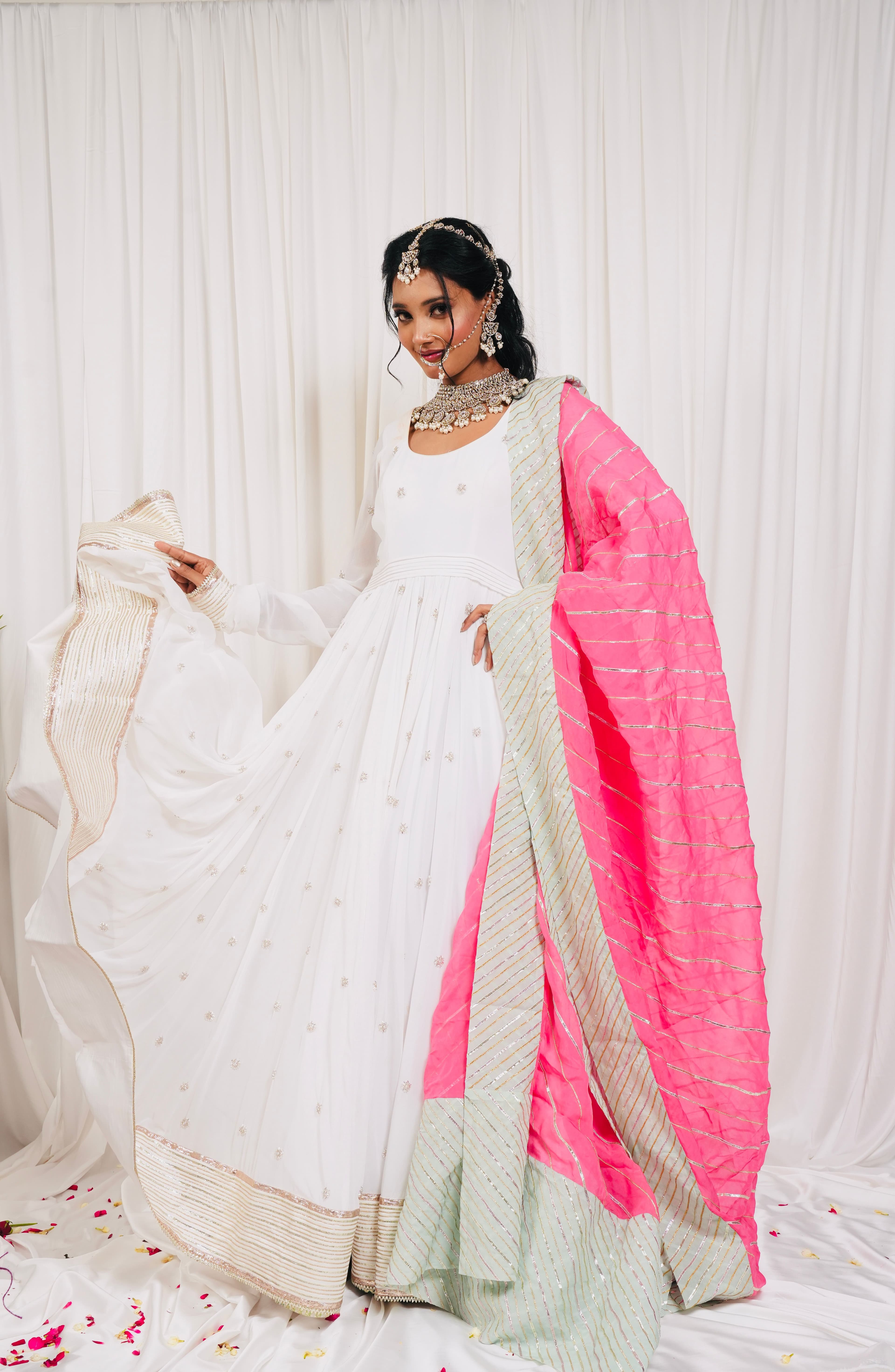 White Anarkali Suit with Hot Pink Dupatt
