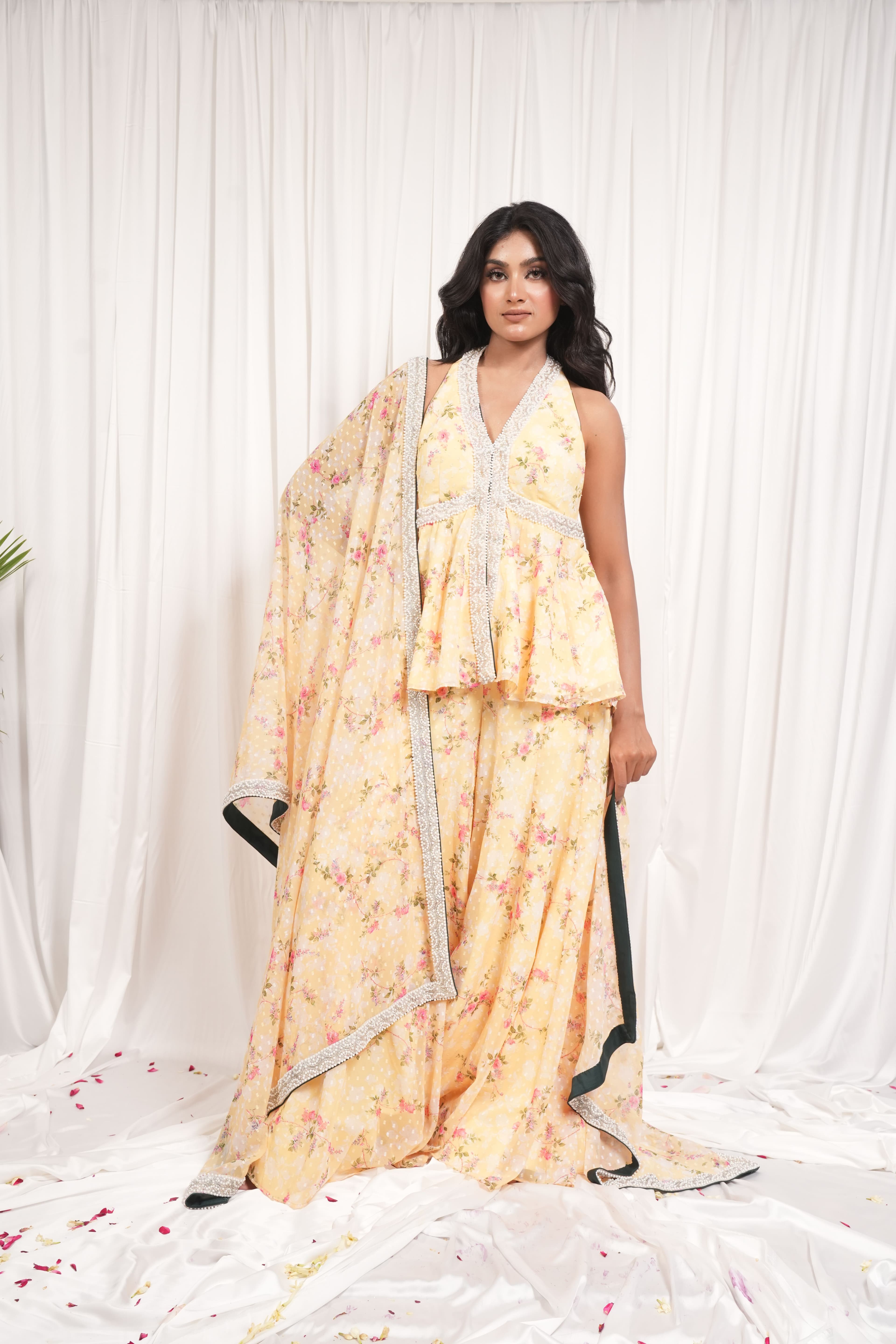 Sundari yellow hauter neck top and plazzo