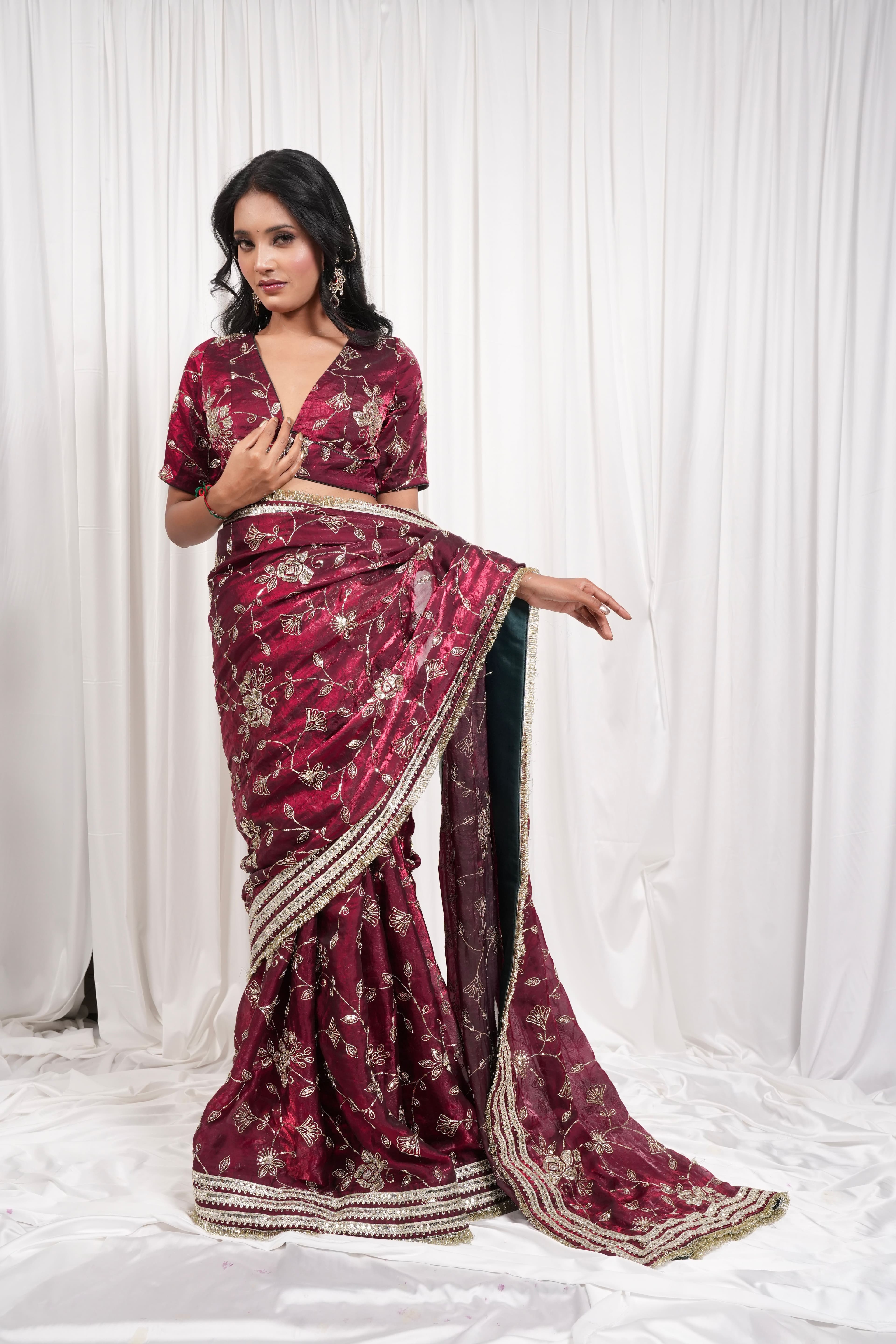 Maroon Golden Embroidered Saree
