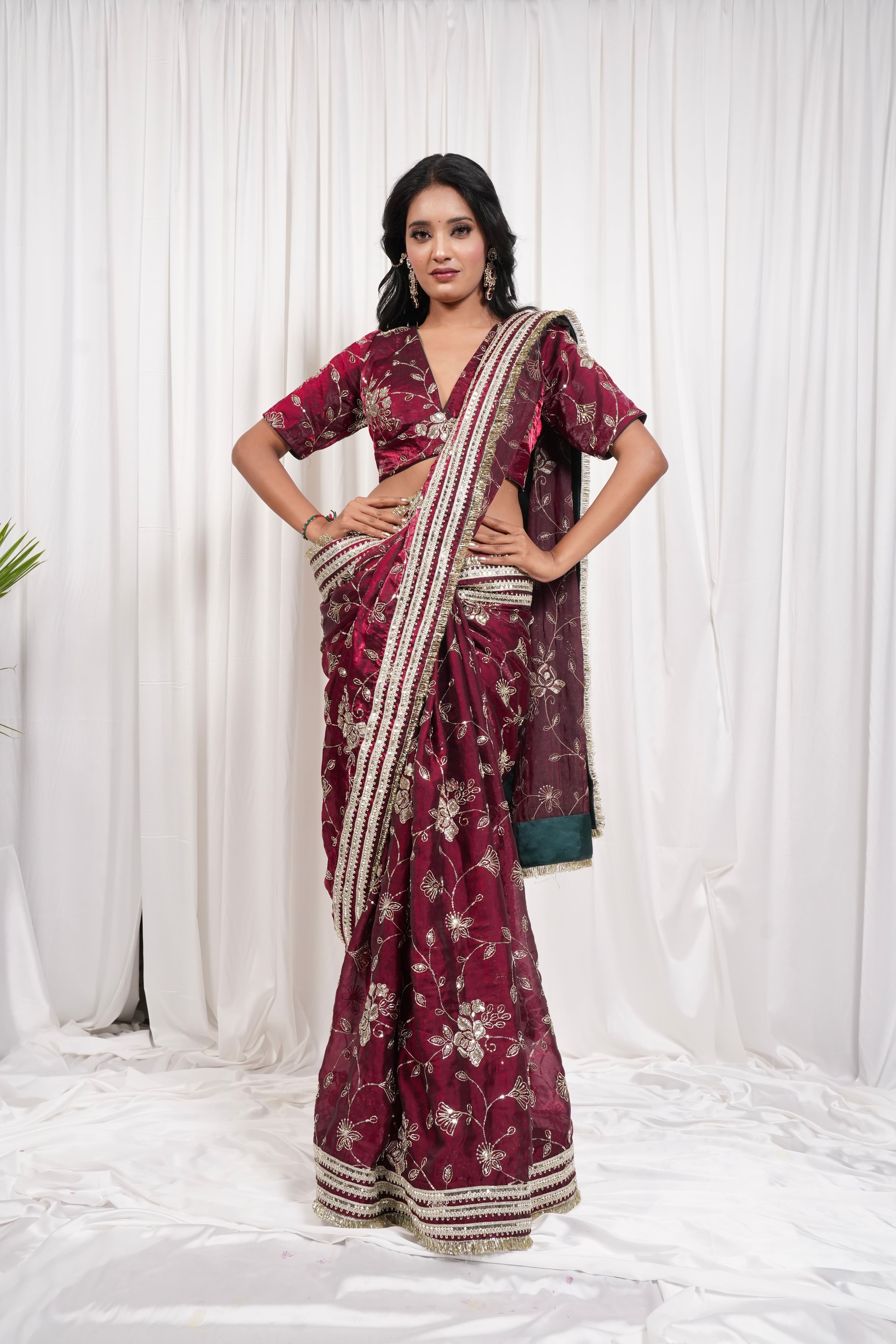 Maroon Golden Embroidered Saree