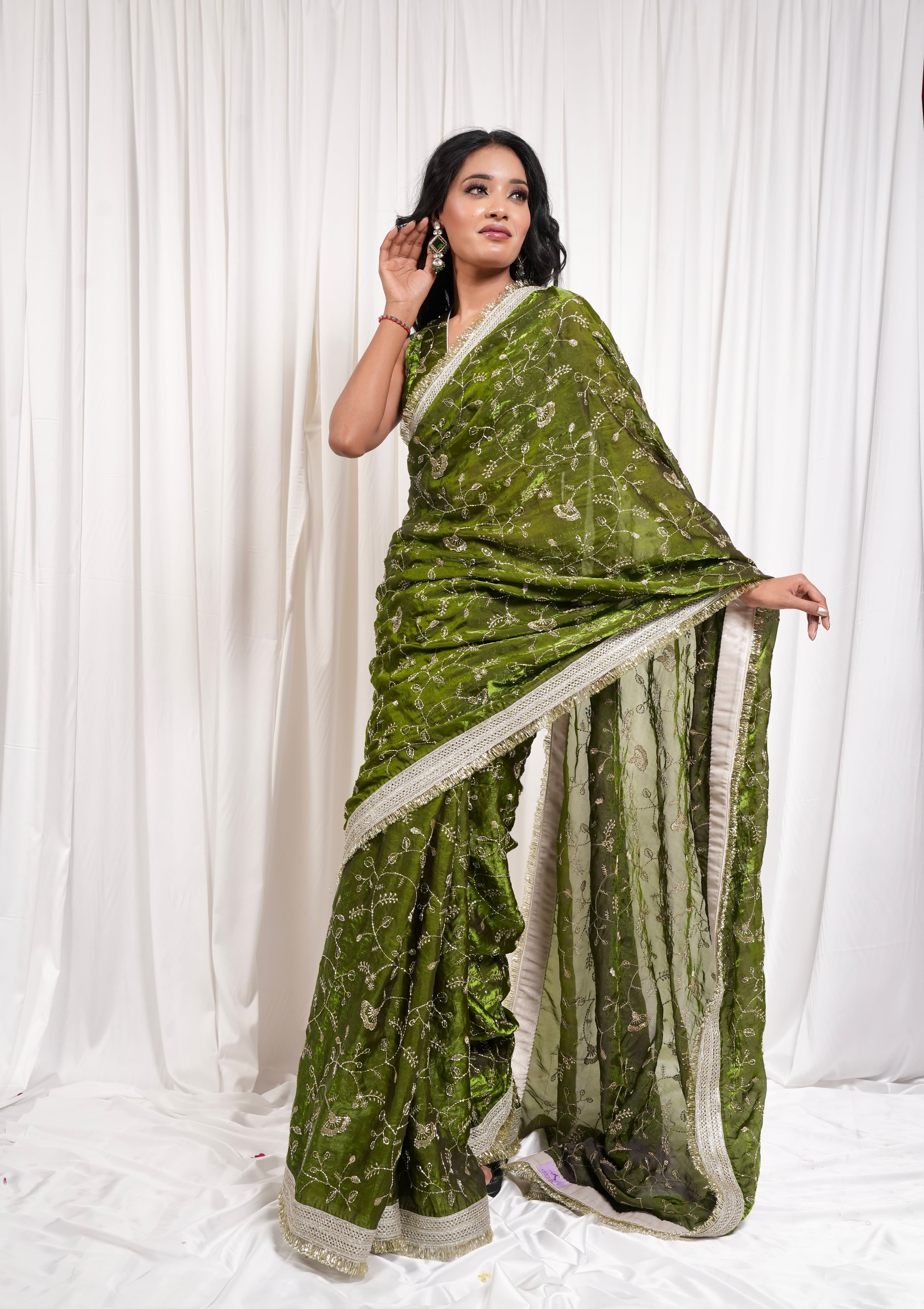 Sage Green Saree with Intricate Gold Botanical Embroidery 6