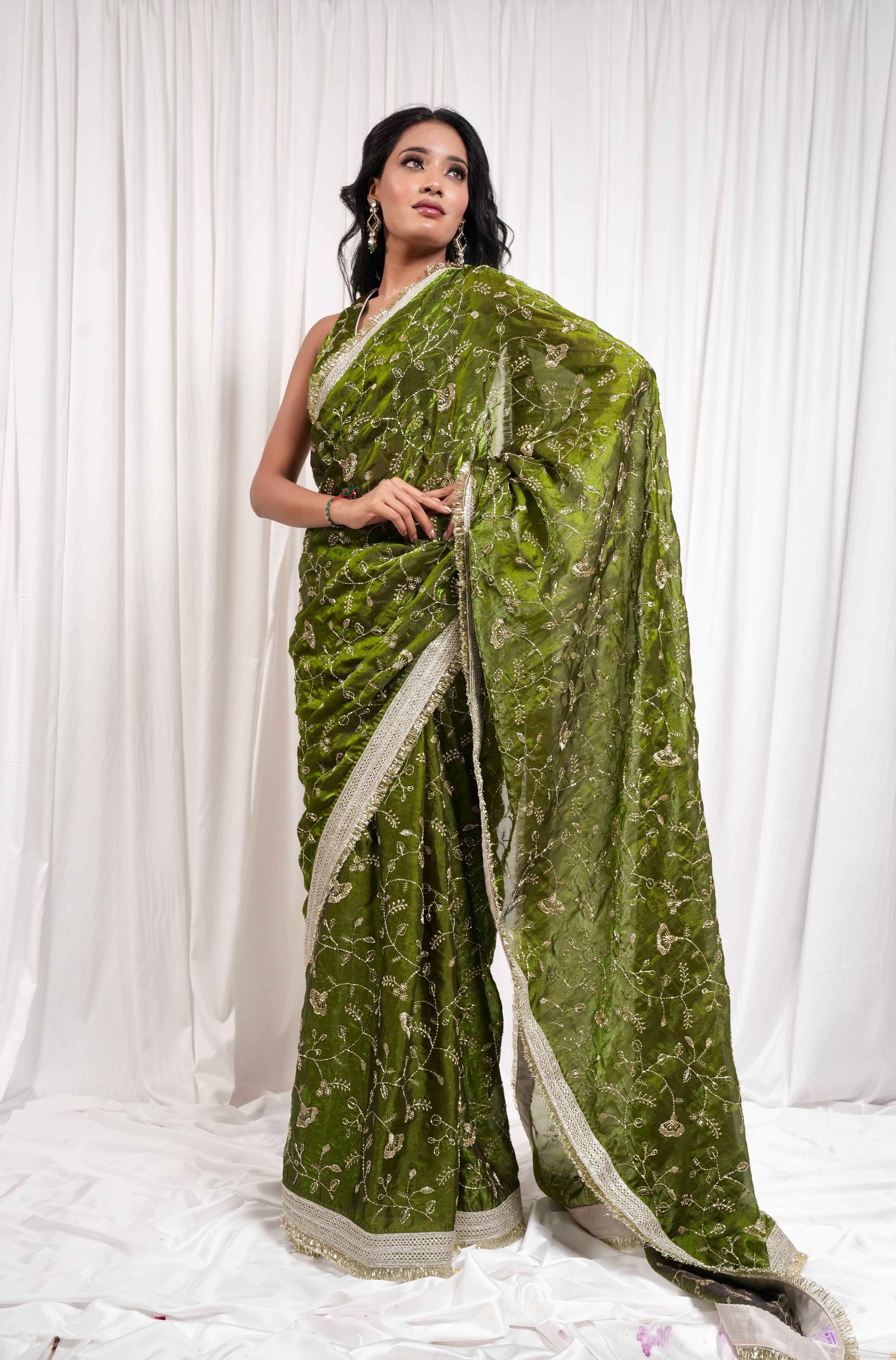 Sage Green Saree with Intricate Gold Botanical Embroidery 4