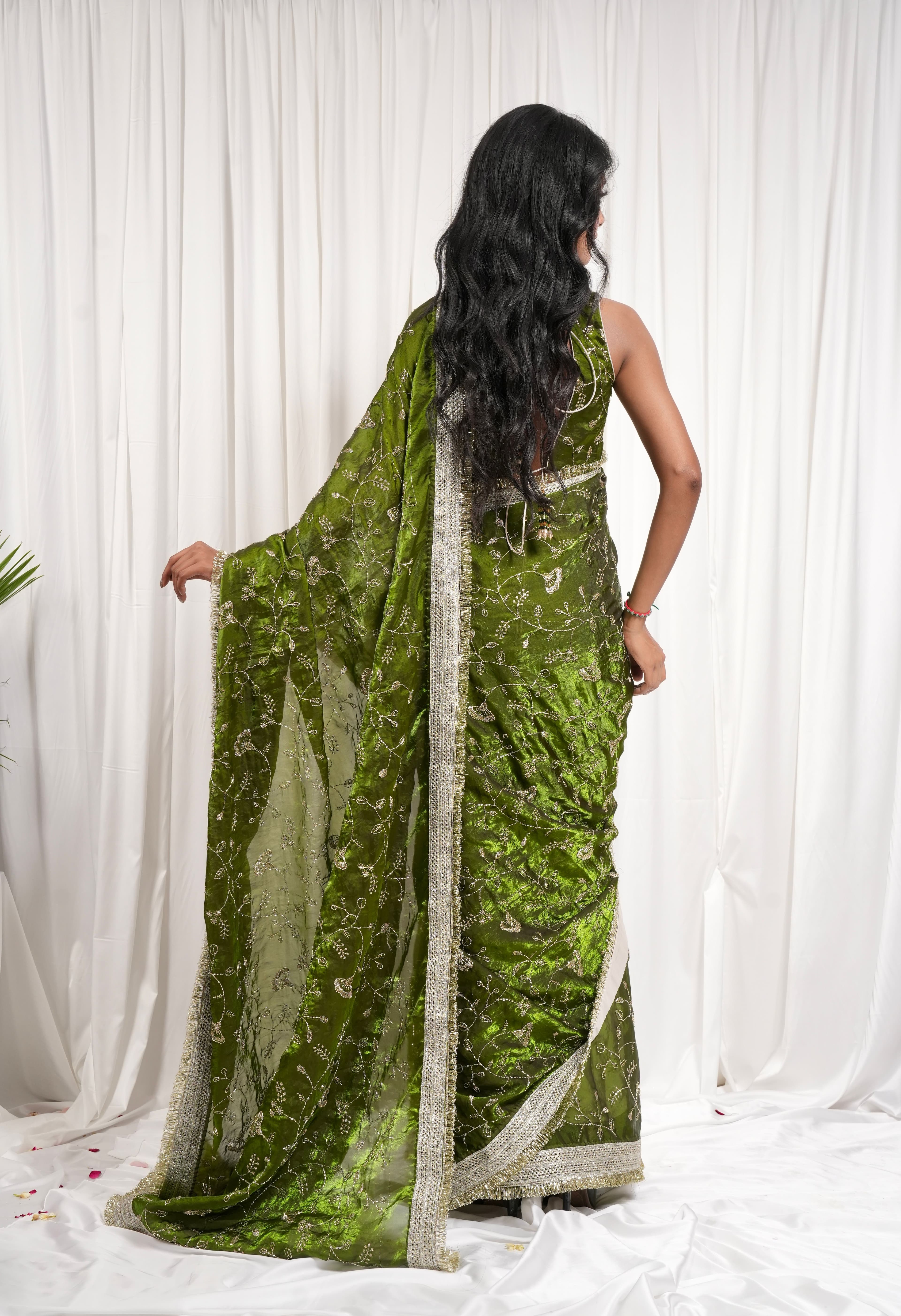Sage Green Saree with Intricate Gold Botanical Embroidery 3