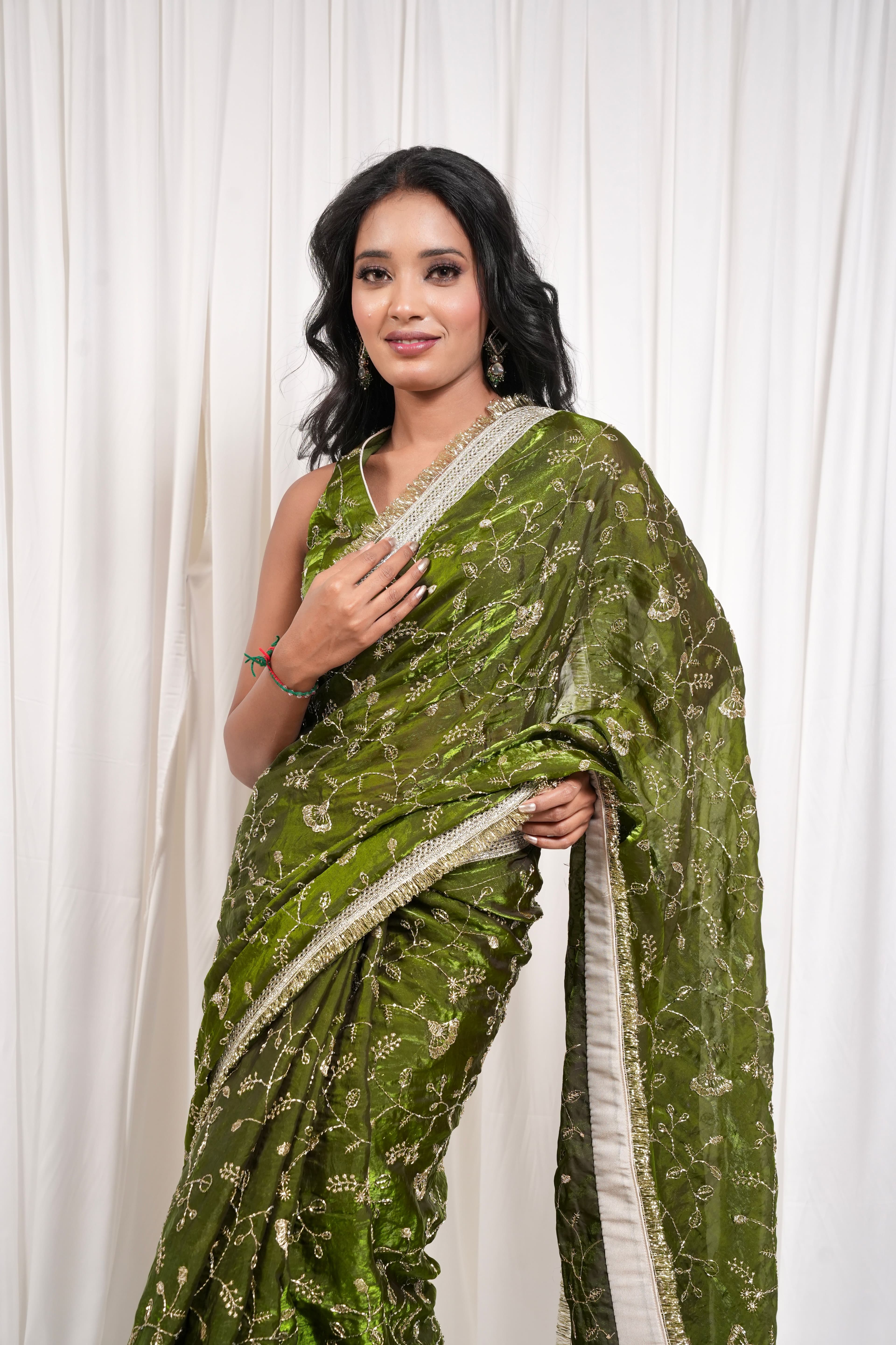 Sage Green Saree with Intricate Gold Botanical Embroidery 5