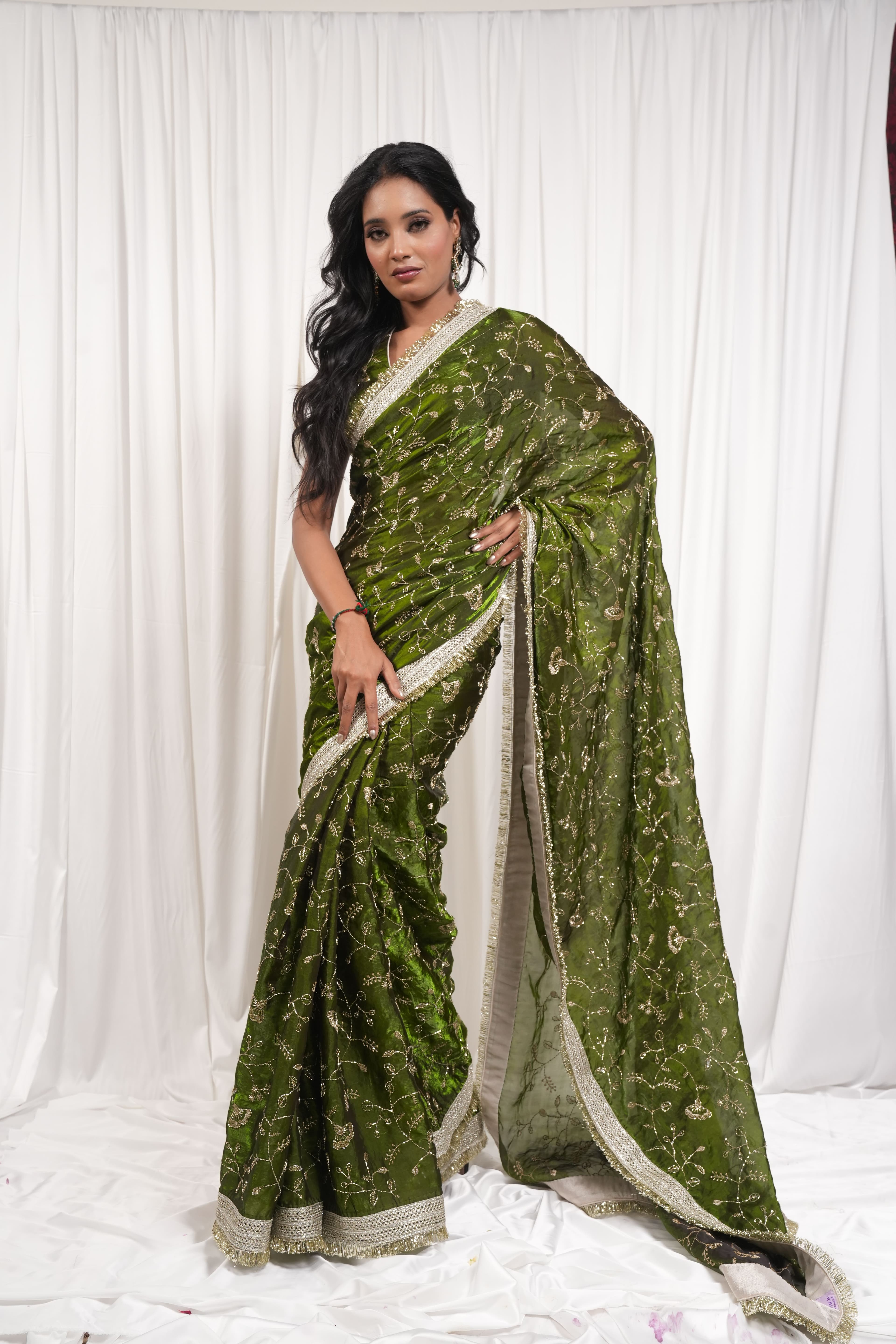 Sage Green Saree with Intricate Gold Botanical Embroidery 7