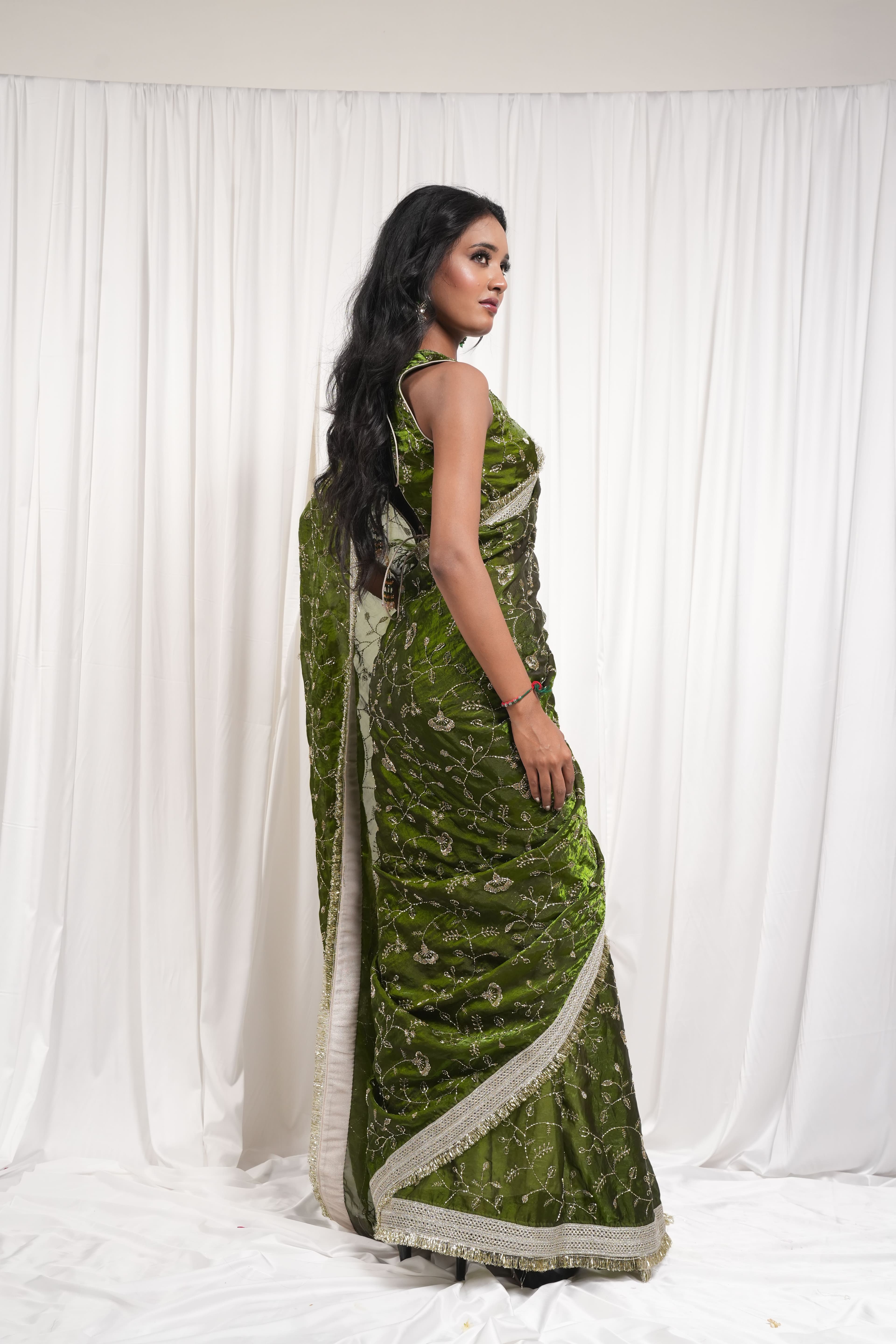 Sage Green Saree with Intricate Gold Botanical Embroidery 8