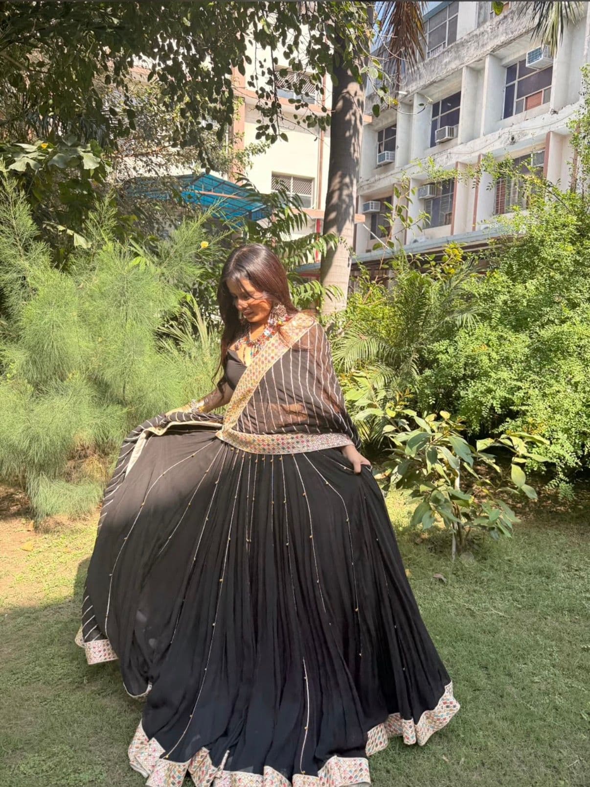 Black Embroidered Lehenga Choli with Striped Dupatta