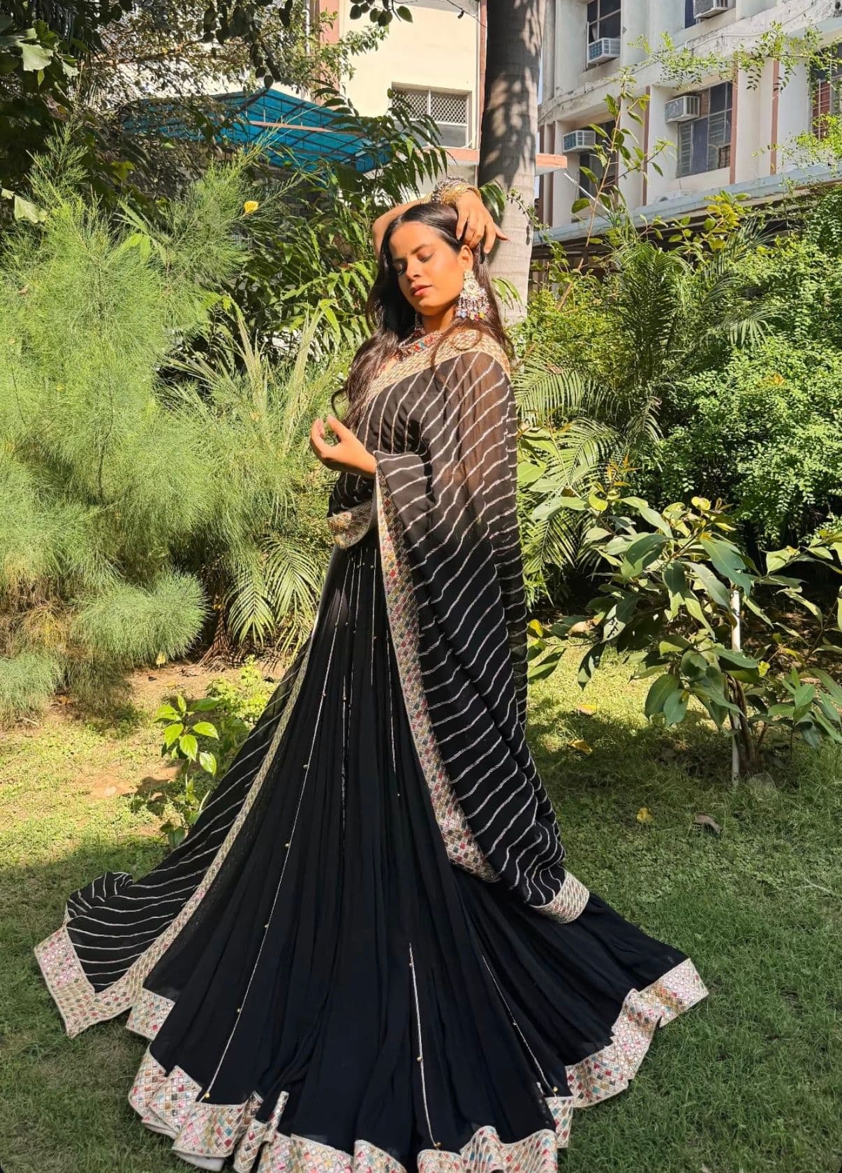 Black Embroidered Lehenga Choli with Striped Dupatta