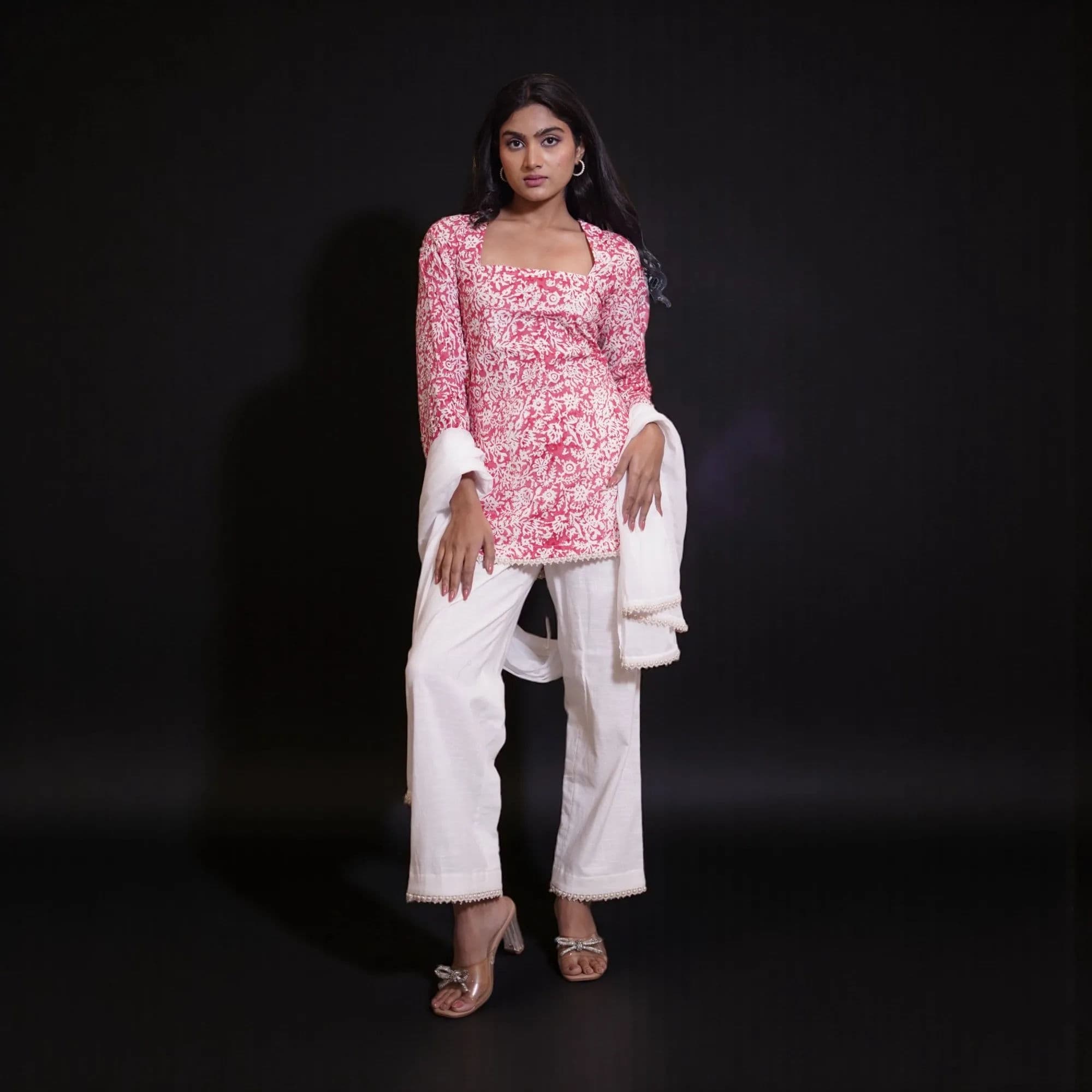 Rose pink floral kurta with white palazzo pants
