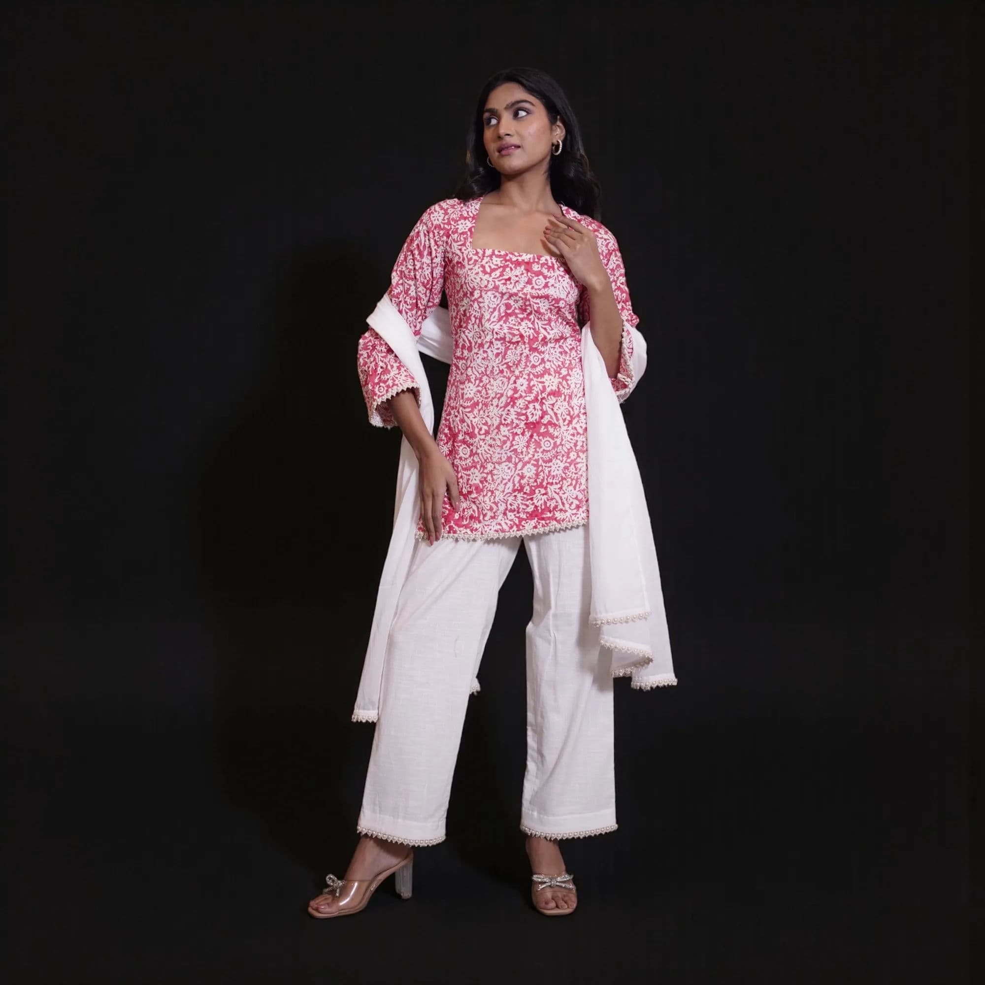 Rose pink floral kurta with white palazzo pants