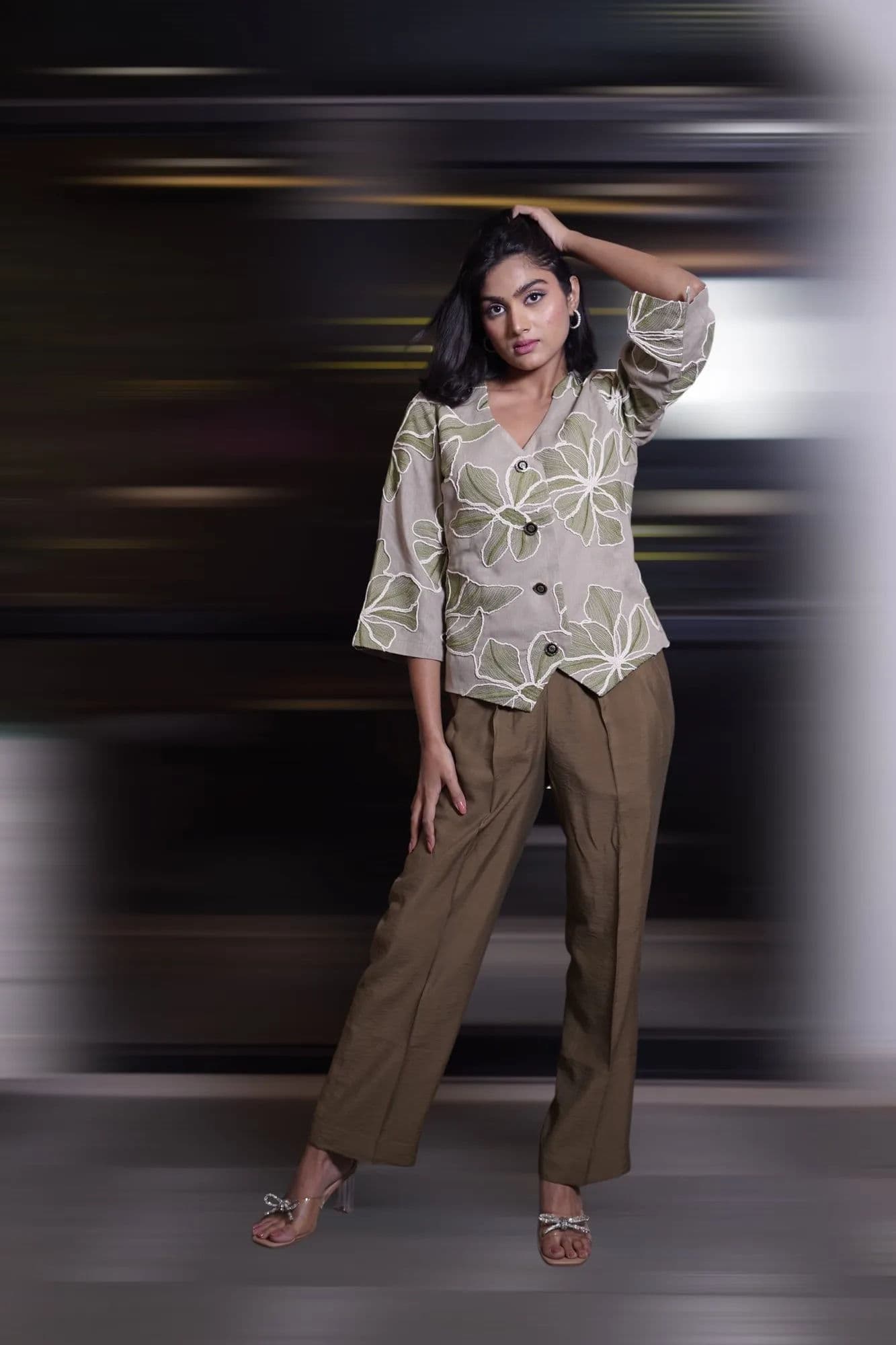 Cream leaf-embroidered top with olive trousers co-ord
