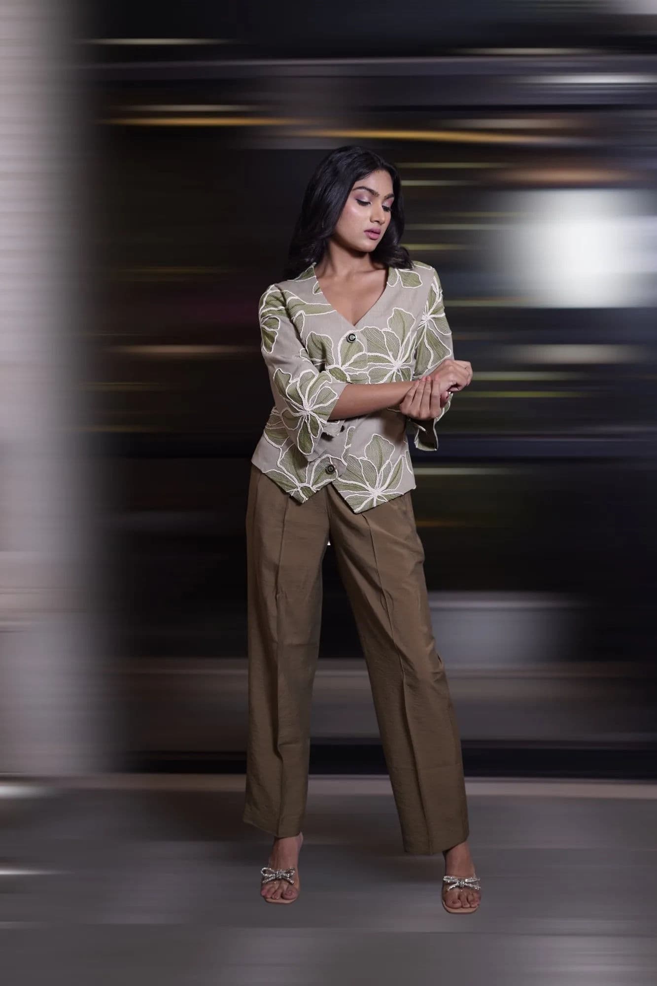 Cream leaf-embroidered top with olive trousers co-ord