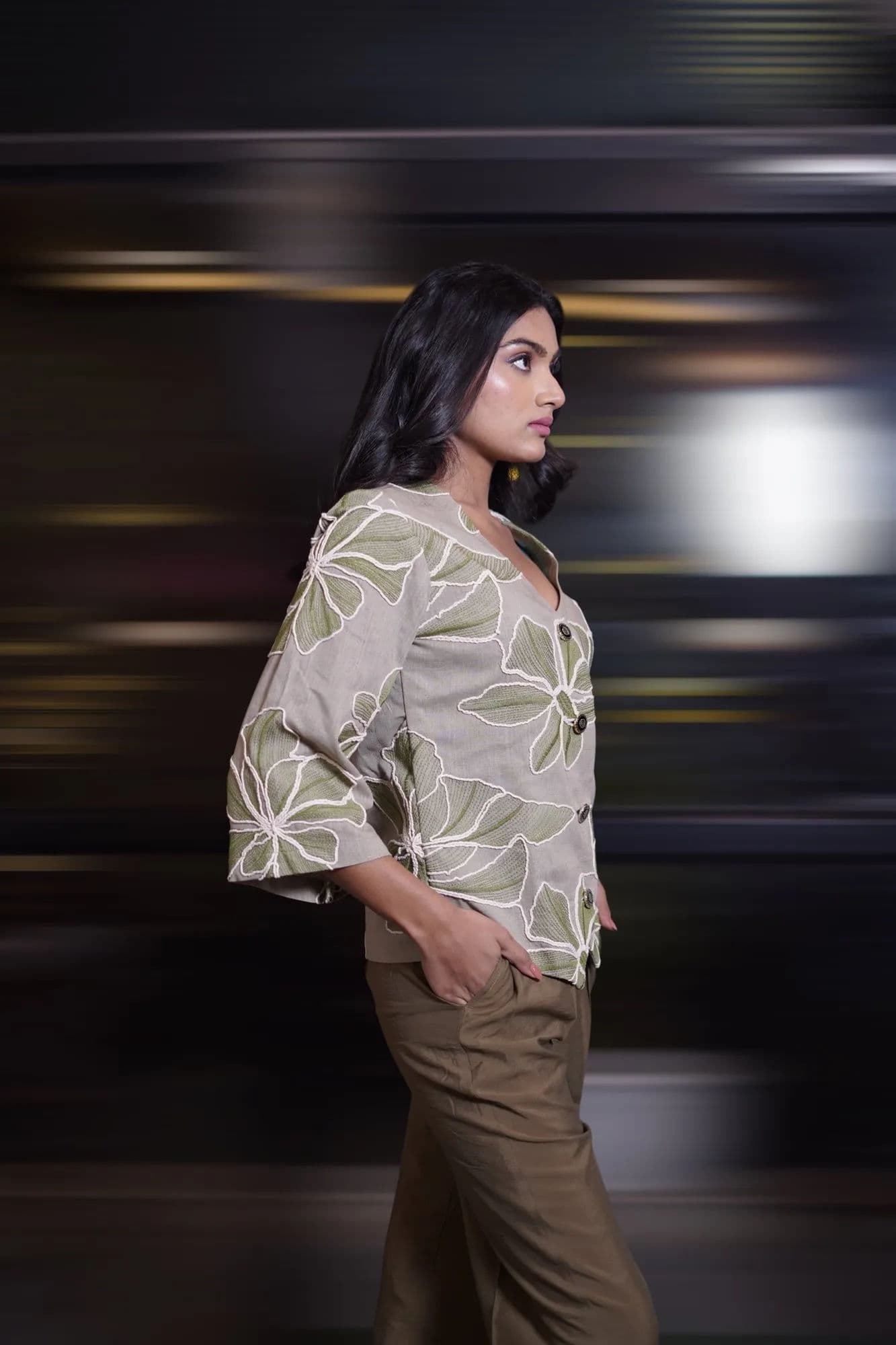 Cream leaf-embroidered top with olive trousers co-ord 4