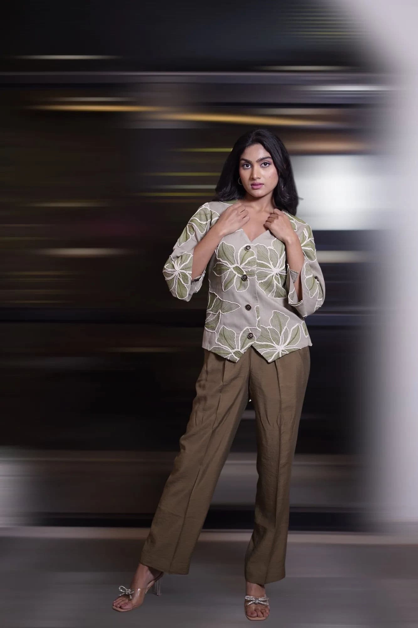 Cream leaf-embroidered top with olive trousers co-ord 5
