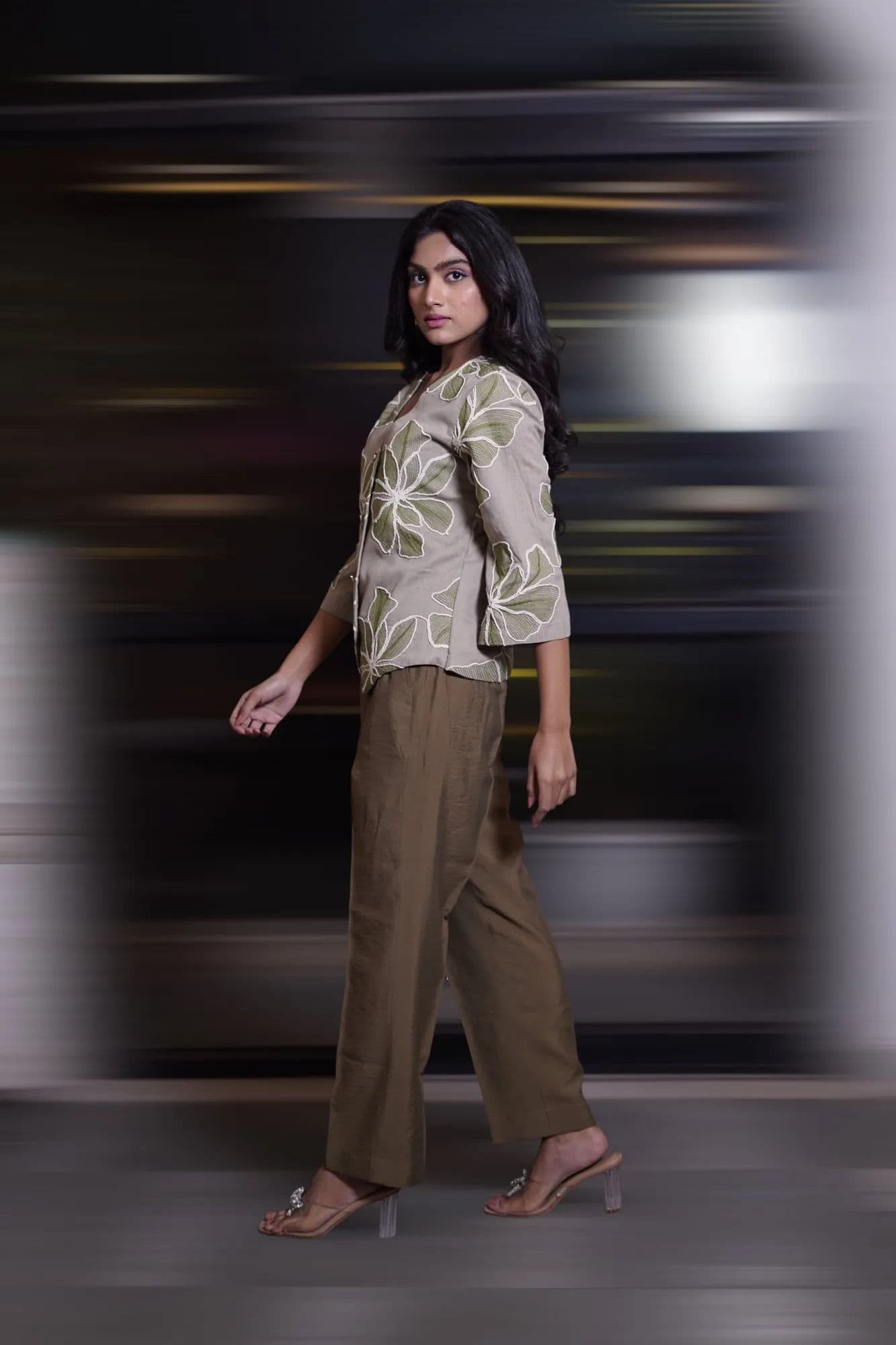 Cream leaf-embroidered top with olive trousers co-ord 7