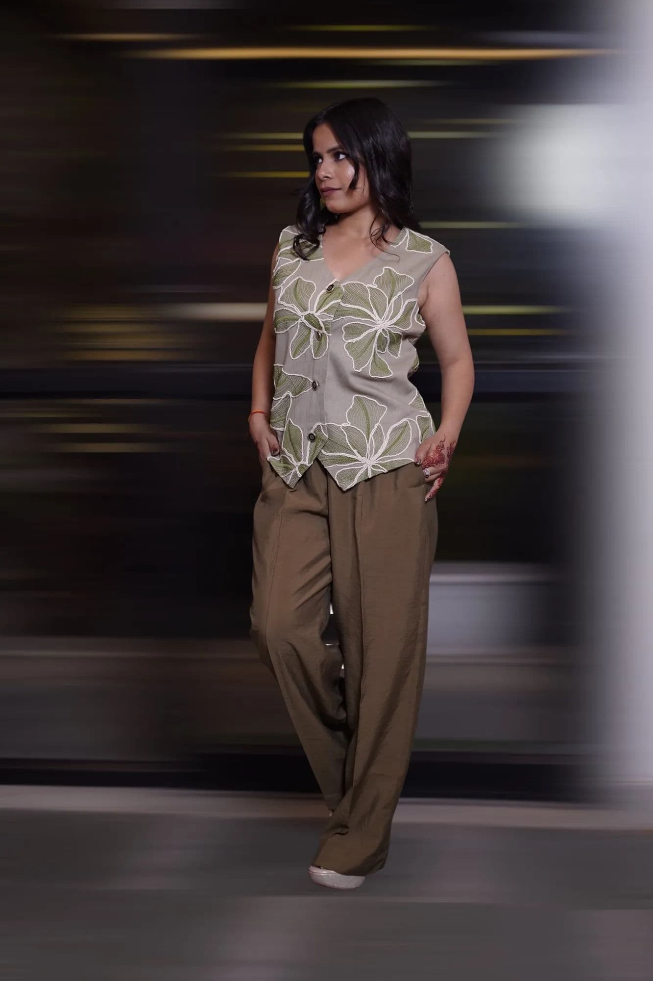 Cream leaf-embroidered top with olive trousers co-ord 10