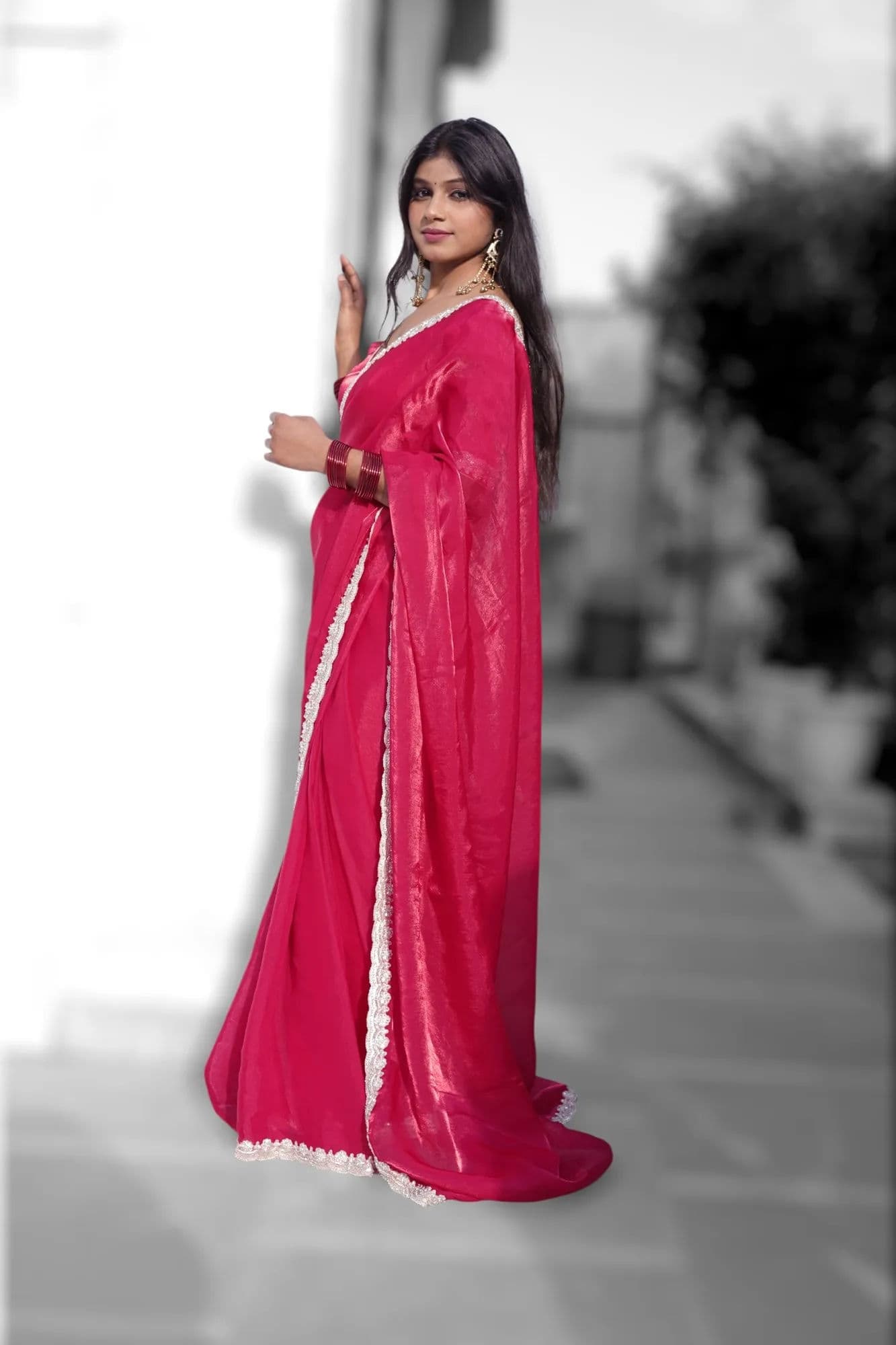 Bright pink saree with white lace border 6