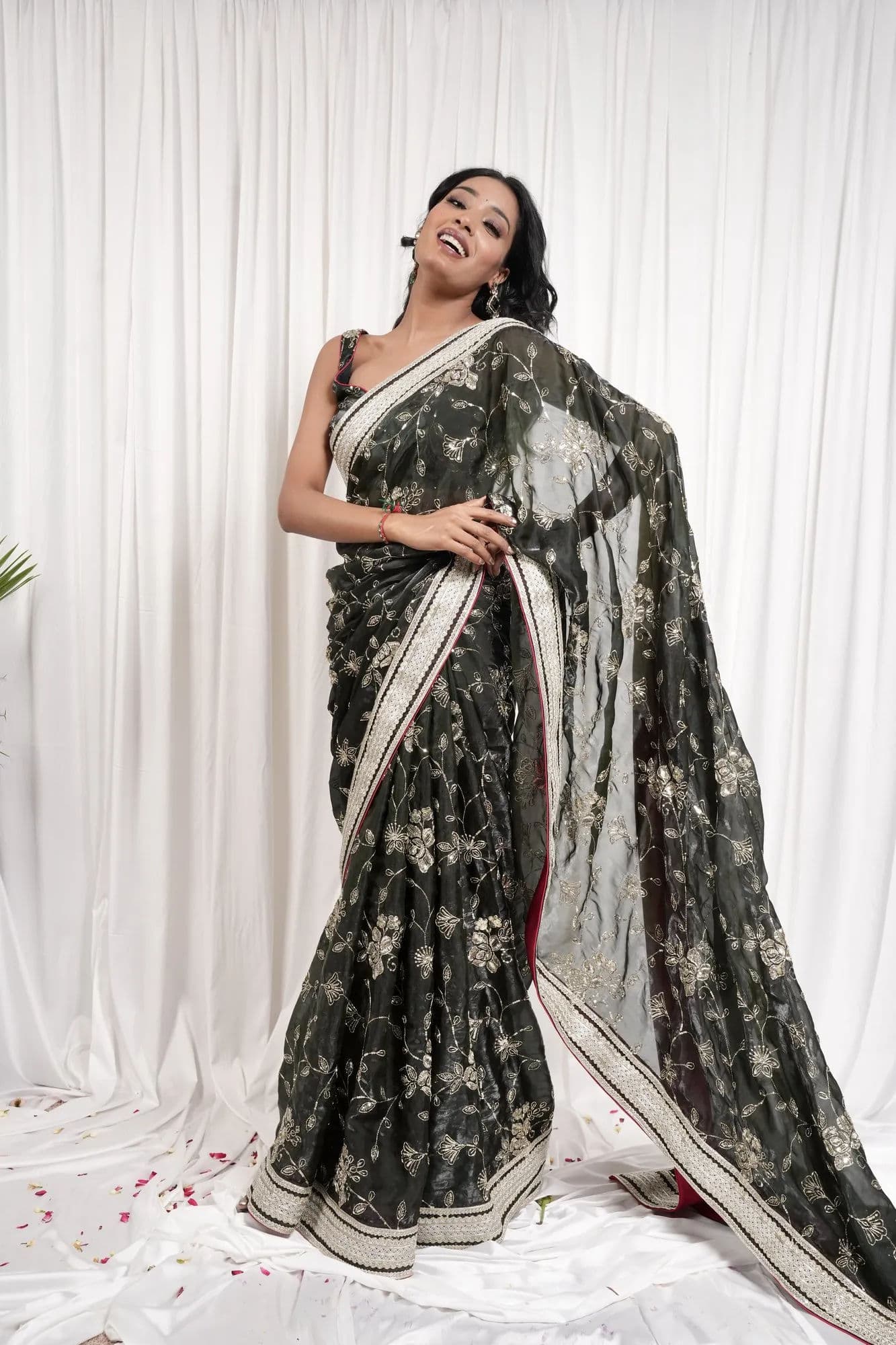 Dark Olive Saree with Light Floral Print and Cream Border
